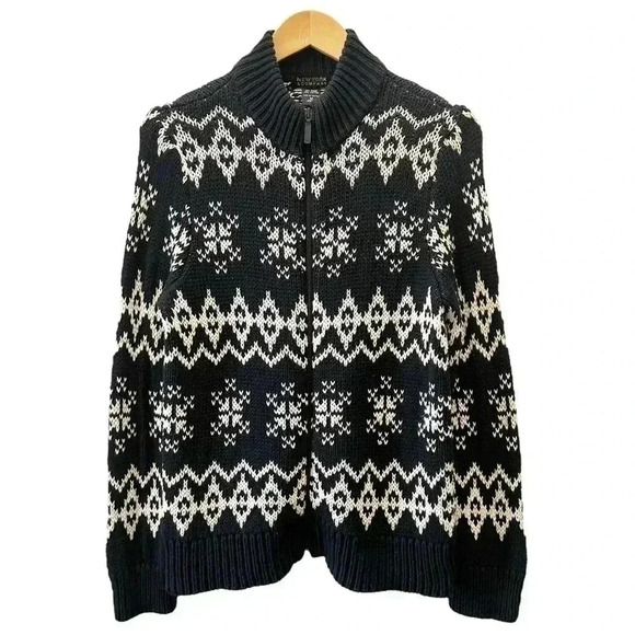 New York & Co Cardigan Ramie Cotton Knit Zip Front Sweater Black Beige Medium - Picture 1 of 14